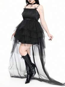 ROMWE Goth 复古哥特式前短后长女式连衣裙 - 黑色 - 查看 4