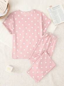 Genkimix Kids 2pcs Cute Rabbit Polka Dot Print Short Sleeve Shorts Casual Sleepwear Set For Tween Girls - Pink - View 2