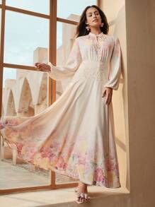 Anewsta 女装春夏时尚定位印花蕾丝拼接杏色半裙 - 杏色 - 查看 7