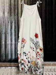 EMERY ROSE 大码女式花卉印花系带肩连体裤，优雅休闲假日风格