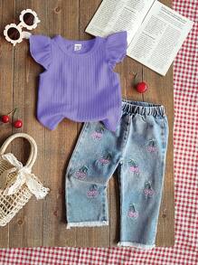 SHEIN Vintaside Kids 2 件套女婴春夏套装，包括红色圆领盖袖衬衫搭配樱桃刺绣牛仔长裤，甜美风格，适合户外、休闲和派对，适合幼儿的女童服装套装 - 紫色 - 查看 1