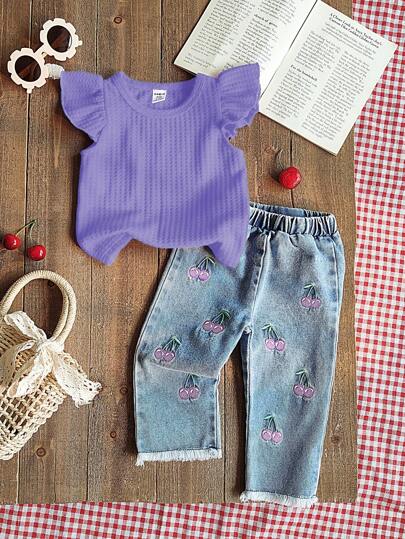 SHEIN Vintaside Kids 2 件套女婴春夏套装，包括红色圆领盖袖衬衫搭配樱桃刺绣牛仔长裤，甜美风格，适合户外、休闲和派对，适合幼儿的女童服装套装