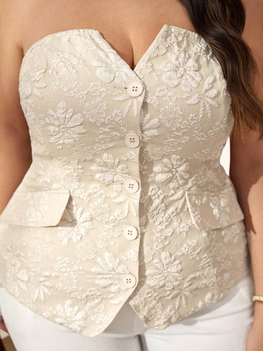 Chikora Plus Size Women Single-Breasted Fashion Jacquard Bandeau Top , Summer