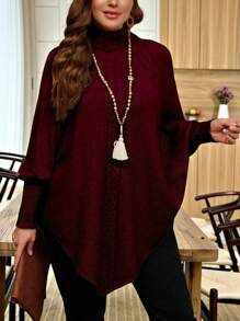 Linhara بونشو كنزة صوفية محبوك بأكمام خفاش وياقة عالية بأزرار، لون أحادي أنيق مناسب للخريف والشتاء - عنابي اللون - مشاهدة 3