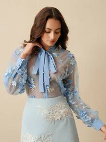 Anewsta Blusa elegante de mujer con malla transparente y flores 3D para ir al trabajo