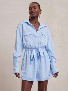 SHEIN Unity 连体裤长袖纽扣领 Warap 领带细节早午餐日常休闲商务休闲海滩度假迷你连体裤春夏 7 月 4 日女士服装