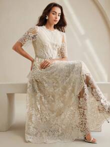 Anewsta 优雅高端圆领蕾丝钻石腰带可调节束腰夏季长裙高品质优雅女士 - 杏色 - 查看 1