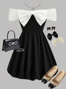 SHEIN Girlism Vestido negro y blanco de silueta abultada con gran moño, hombros descubiertos, para niñas preadolescentes de moda elegante y urbana - Negro - Ver 2