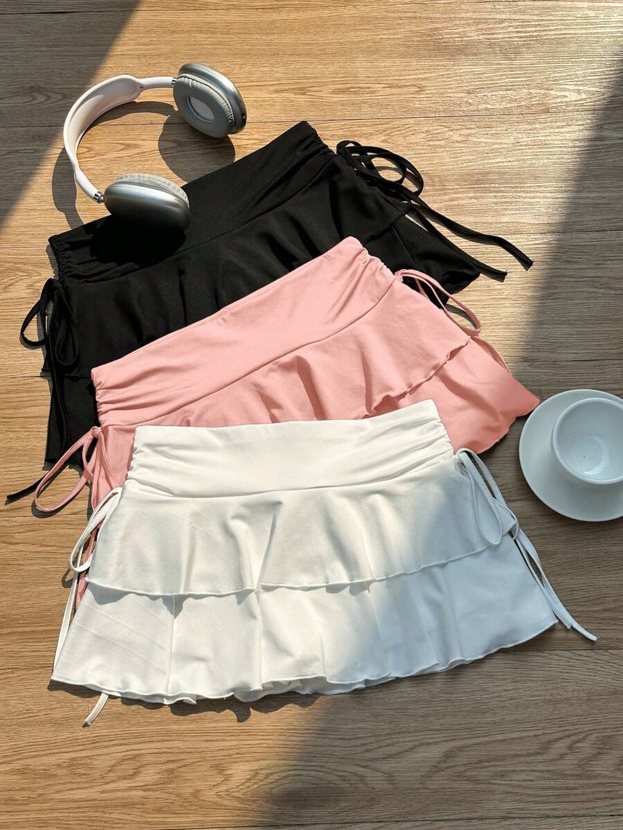 Attitoon 3pcs Women's Summer Cute Dance Skirt Set,White And Pink,Black Ruched Waist A-Line Layered Mini Skirts For Concerts,Cruises,Club Outings & - Multicolor - View 1