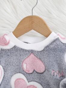 2 件婴幼儿女孩心形印花粉白长袖上衣和罗纹袖口舒适裤子套装，秋冬家居服女婴睡衣女婴心形套装返校时尚 - 彩色 - 查看 7