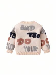 SHEIN Baby Boy/Girl Apricot Minimalist Letter Pattern Soft Knit V-Neck Long Sleeve Cardigan Sweater, Casual Warm Style Suitable For Home And Outdoor Wear, Autumn/Winter - Apricot - View 8