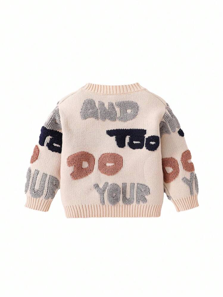 SHEIN Babypojke/flicka aprikosfärgad minimalistisk bokstavsmönstrad mjuk stickad v-ringad långärmad kofta, avslappnad varm stil lämplig för hem- och utomhusbruk, höst/vinter - Aprikos - Visa 8