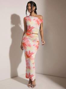 SHEIN BAE 女式不对称褶皱修身两件套，适合夏季/海滩度假、生日派对，优雅图案印花上衣 - 粉色 - 查看 4