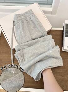 GlowEve Women's Fashion Rhinestone Embellished High Waisted Drawstring Loose Fit Straight Leg Sweatpants, Versatile Fall Cloth For Women - Grey - View 3