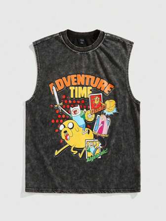 Adventure Time X ROMWE Camiseta de tirantes informal de estilo callejero para hombre con estampado divertido de dibujos animados y letras, holgada y desgastada, para verano