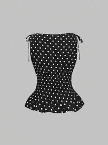 Sweetra Women's Elegant French Style Polka Dot Bow Shoulder Tie Waist Slim Fit Casual Versatile Tank Top, Spring/Summer