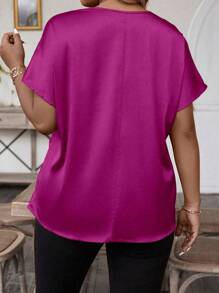 Breezaya Plus Size Summer Elegant Simple Round Neck Short Sleeve Shirt - Red Violet - View 2