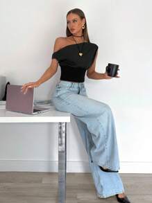 Siren Gaze 女士休闲优雅不对称褶皱短款上衣，适合夏季日常穿着