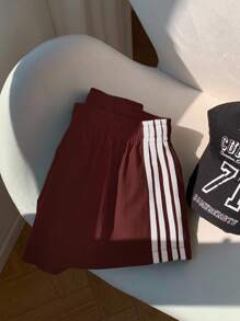 Comfortcana 女士休闲拼色条纹短裤，夏季 - 酒紅色 - 查看 3
