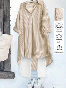 Linhara 大码女式休闲百搭法式复古风格时尚都市女性经典蓝白条纹设计别致修身百搭衬衫