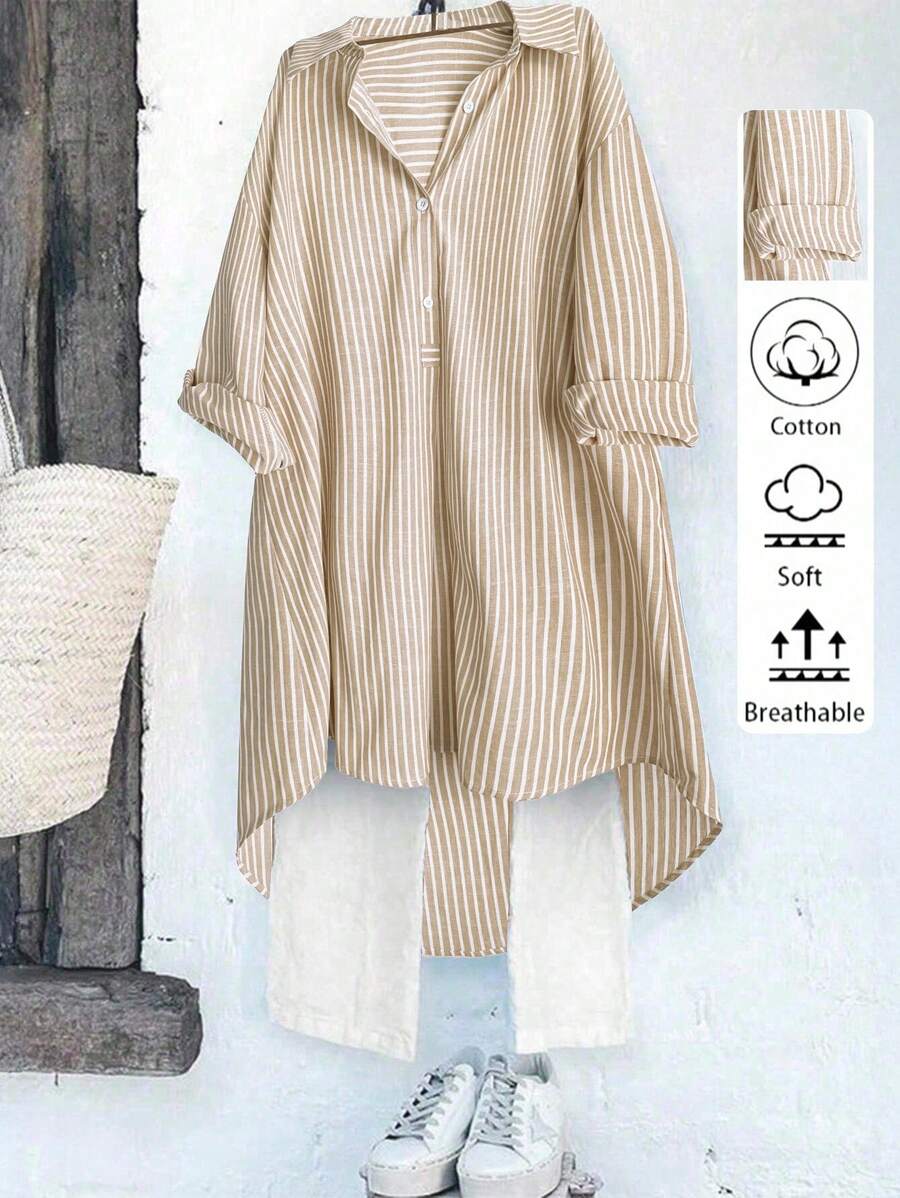 Linhara 大码女式休闲百搭法式复古风格时尚都市女性经典蓝白条纹设计别致修身百搭衬衫