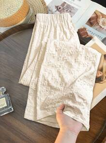 SHEIN LUNE 大码女式高腰宽松裤，优雅刺绣纹理，前系带，休闲日常穿着，简约休闲时尚，夏季，女性度假，女性海滩，波西米亚风格，春夏 - 杏色 - 查看 2