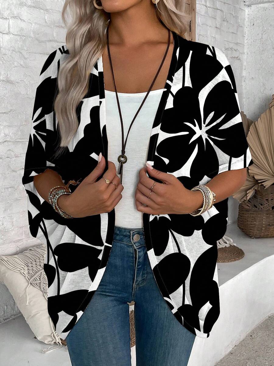 EMERY ROSE Women's Casual Botanical Leaf Print Lightweight Jacket, Suitable For Spring/Summer Autumn - Multicolor - View 1