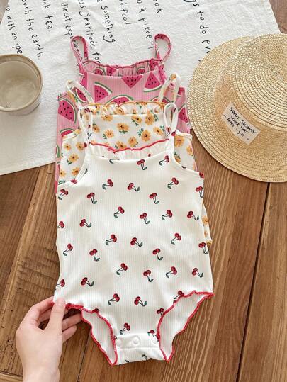 SHEIN Newborn Baby Girl 3pcs/Set Cute Ditsy Floral Summer Sling Bodysuit Graphic