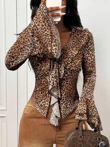 Slaydiva Elegant Brown Leopard Print Mesh Sheer Blouse,Autumn Ruffle Trim Tie Front Women Top For Night Out,Music Festival,Daily,Party,Date,Beach,Cruise - Multicolor - View 3
