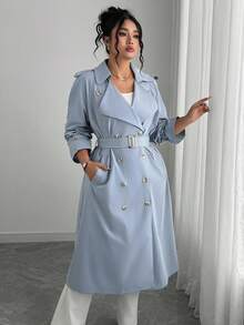 Elenzga 大码时尚休闲复古风格翻领双排扣经典中长款风衣，适合日常穿着、商务穿着、度假穿着