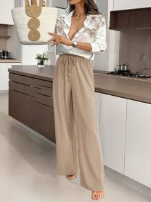 SHEIN LUNE Áo sơ mi dài tay hở vai in họa tiết hoa cho nữ và quần dài thường ngày 2 món - Màu Khaki - Xem 4