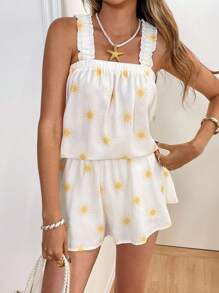 SHEIN Frenchy Women's Summer Ruffle Strap Sun Print Top And Shorts 2 Pieces Set Casual - Yellow - View 6
