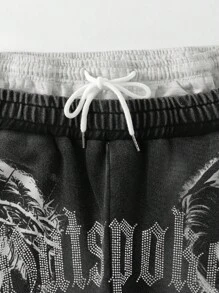 ROMWE MEN Street Life Men's Distressed Double Waistband Religious Character Rhinestone Print Washed Casual Shorts - Black - View 4