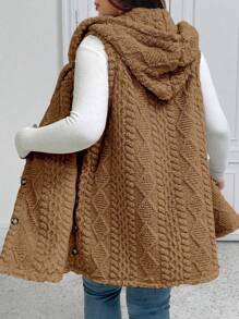 SHEIN Elenzya Plus Size Casual Fluffy Jacquard Solid Color Thick Hooded Single-Breasted Versatile Cardigan Vest Jacket Winter Fall Autumn - Brown - View 1