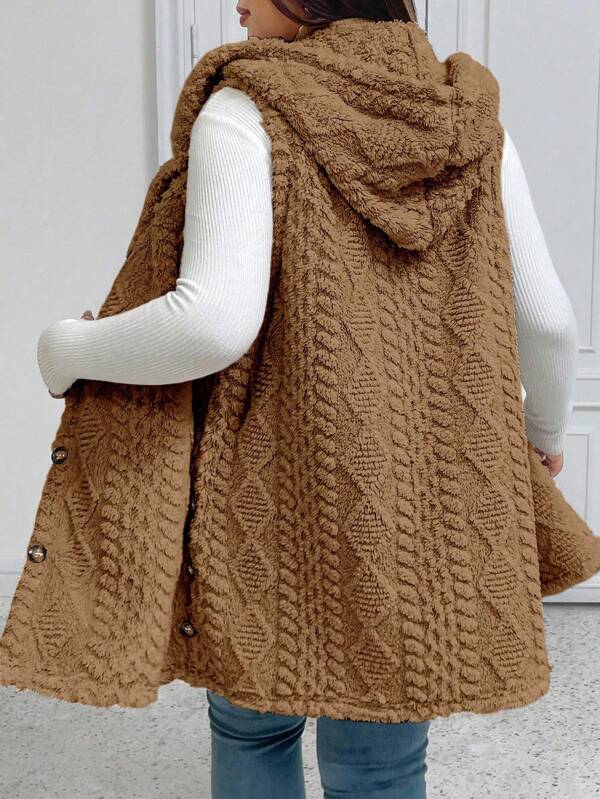 Elenzga Plus Size Casual Fluffy Jacquard Solid Color Thick Hooded Single-Breasted Versatile Cardigan Vest Jacket