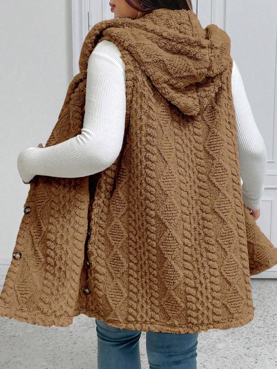 SHEIN Elenzya Plus Size Casual Fluffy Jacquard Solid Color Thick Hooded Single-Breasted Versatile Cardigan Vest Jacket Winter Fall Autumn - Brown - View 1