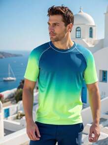 Surfspeed Men's UV Protection Short Sleeve Rashguard Top & Zipper Pocket Swim Trunks Swimsuit Swim Shirt For Men Men Rash Guard Men Swim Top - Green - View 6