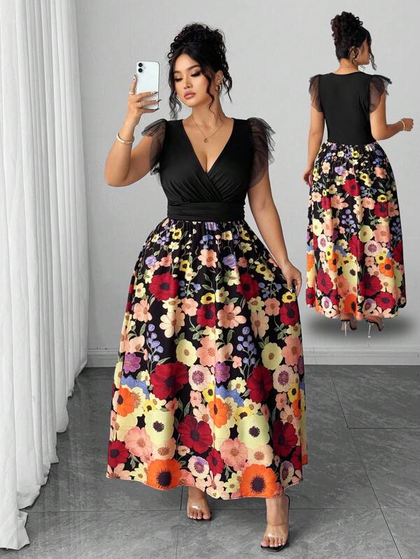 Elenzga Rochie maxi pentru femei, mărime mare, cu decolteu în V, imprimeu floral, model patchwork, potrivită pentru petrecere, întâlniri, banchet, naveta, călătorii și alte ocazii, primăvară/vară