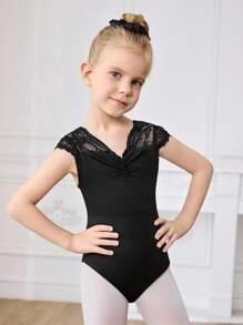 SHEIN Young Girls Ballet Black Lace Trim Open Back Bow Decor Leotard, Four-Season Design