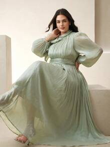 Anewsta Váy dài nhún eo bóng bẩy thanh lịch đa năng cho nữ cỡ lớn, thích hợp cho mùa xuân/thu, lễ hội - Màu xanh Bạc hà - Xem 6