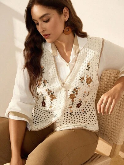 EMERY ROSE 加大码镂空针织背心，宽松轻薄开衫外套，夏季、秋季休闲外套，女士度假服装