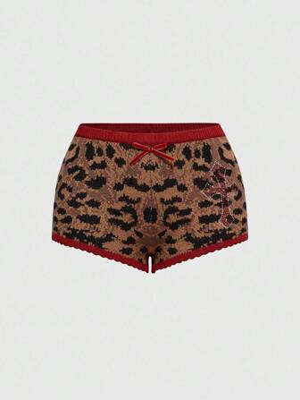 ROMWE Avant Conjunto de suéter corto y shorts mini con estampado de leopardo vintage americano y decoración de strass en cruz para mujeres