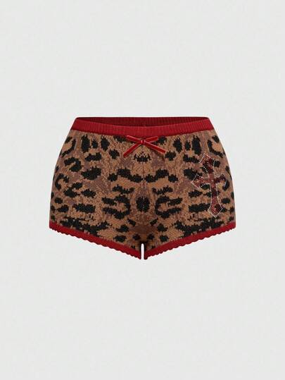 ROMWE Avant Retro American Leopard Print & Cross Rhinestone Decor Cropped Sweater And Mini Shorts Set For Women