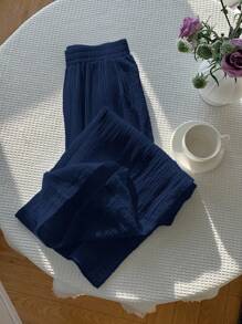 Comfortcana Quần ống rộng ren vá cỡ lớn màu xanh navy dành cho nữ - Màu xanh hải quân - Xem 2