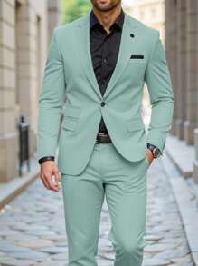 Manfinity Mode 男士经典尖领翻盖休闲西装外套和裤子套装 - 綠色 - 查看 5