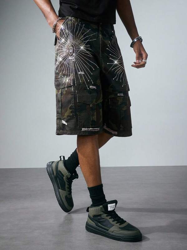 ROMWE MEN Street Life Men's Glitter Camouflage Cargo Pocket 3/4 Length Denim Shorts