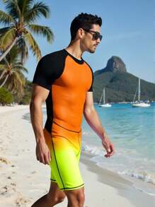 Manfinity Swimmode Men's Summer Holiday Beach Ombre Raglan Sleeve One-Piece Swimsuit