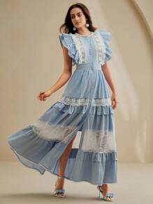 Anewsta Light Blue Elegant Summer Ruffle Sleeve Long Maxi Cardigan Dress