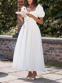 MISSGUIDED Cottage Core 泡泡袖中长连衣裙方领褶饰紧身胸衣茶会草原夏季婚礼宾客招待会伴娘花园派对复活节 - 白色 - 查看 1