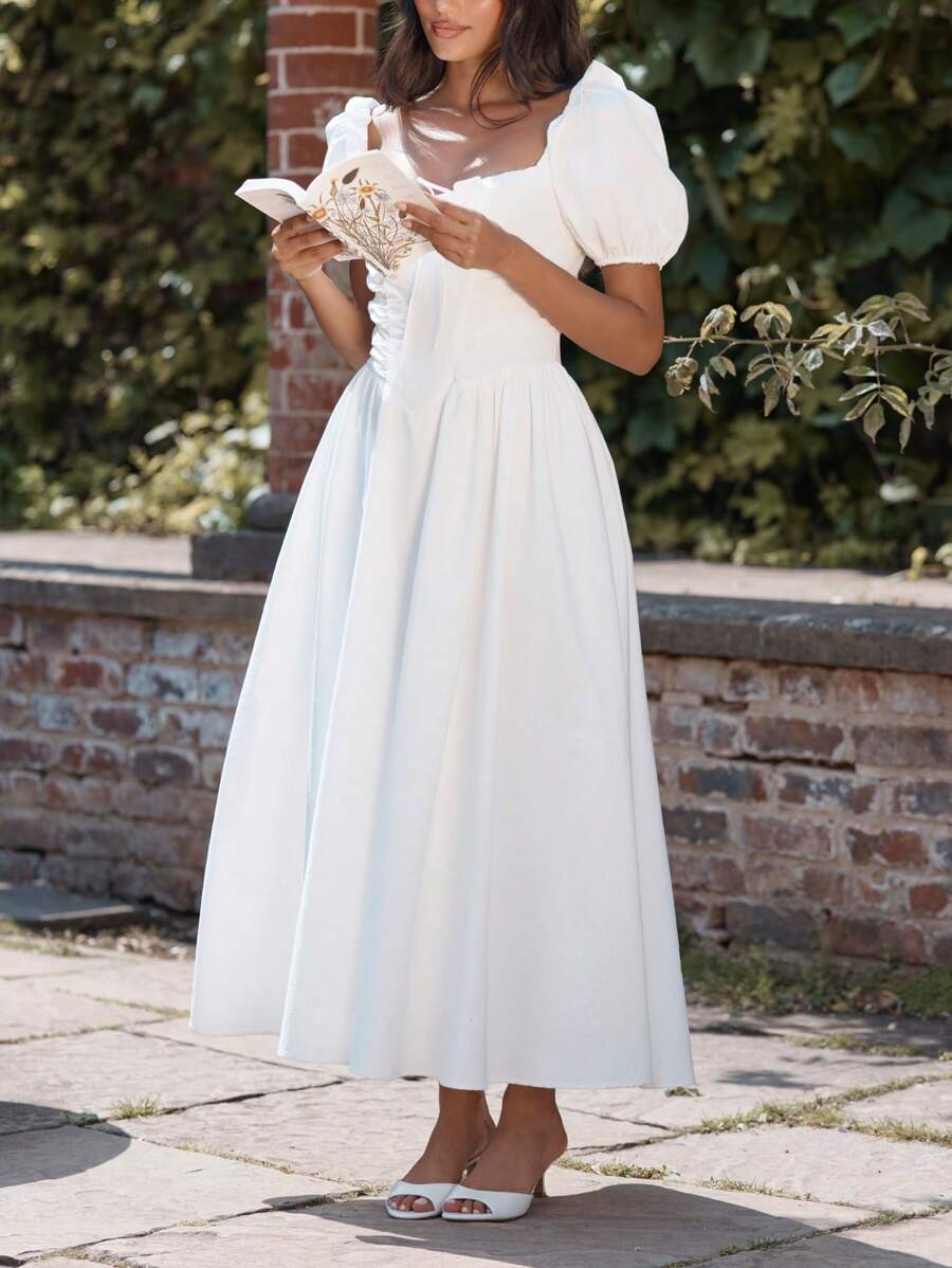 MISSGUIDED Cottage Core 泡泡袖中长连衣裙方领褶饰紧身胸衣茶会草原夏季婚礼宾客招待会伴娘花园派对复活节 - 白色 - 查看 1